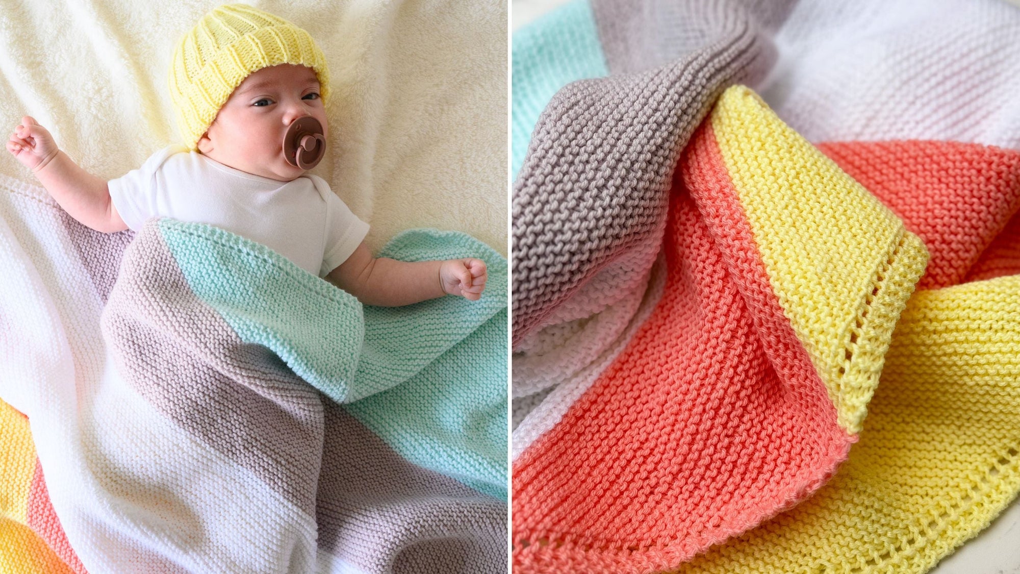 Baby wrapped in a colorful blanket with a close-up of the blanket's pattern.