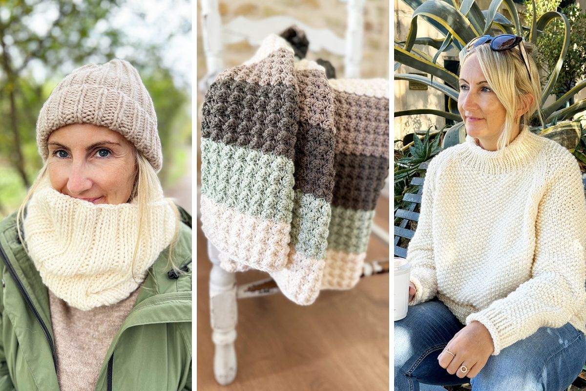 Woman wearing a cream knit sweater, scarf, and hat outdoors, with a plaid blanket and woman in a cream sweater in the background.