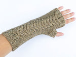 Double cable fingerless mittens front view