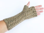 Double cable fingerless mittens underside view