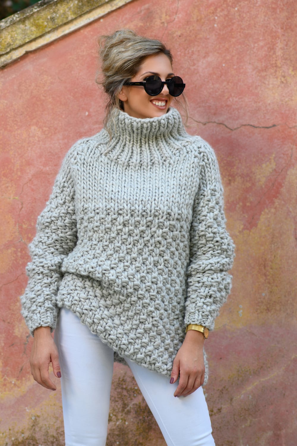 Chunky Sweater Moss Stitch Jumper Knitting Pattern Oversized
