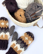 Yarn basket and knitted mittens
