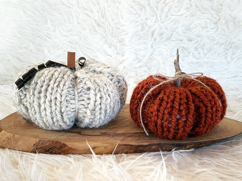knitted pumpkins in super bulky yarn grey marble and spice