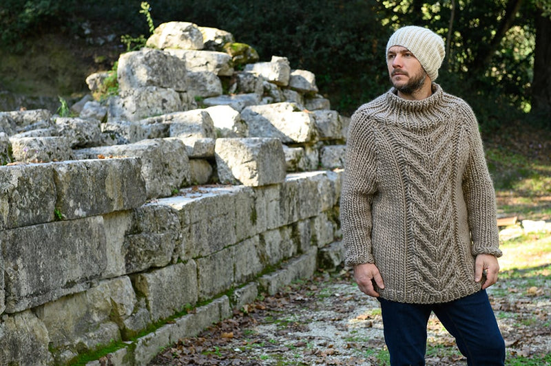men's chunky knit jumper with staghorn cable design