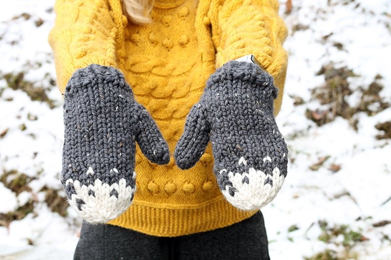 snow tipped knitted mittens