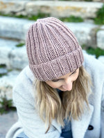 ribbed beanie in spotted mauve petite wool